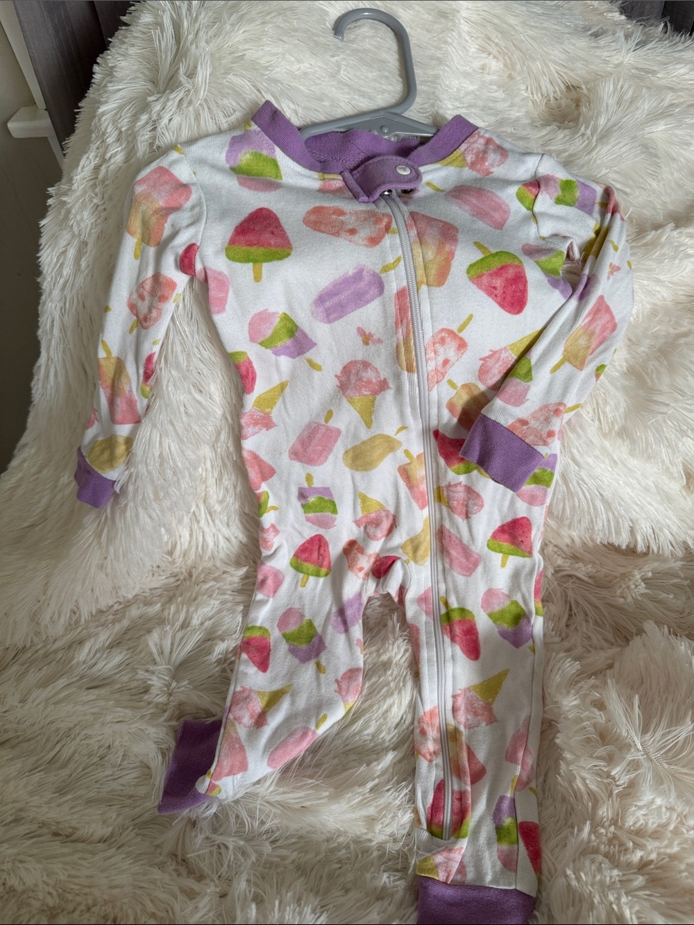 Kids White Ice Cream & Popsicle Zip-Front Footed Pajamas with Purple Trim